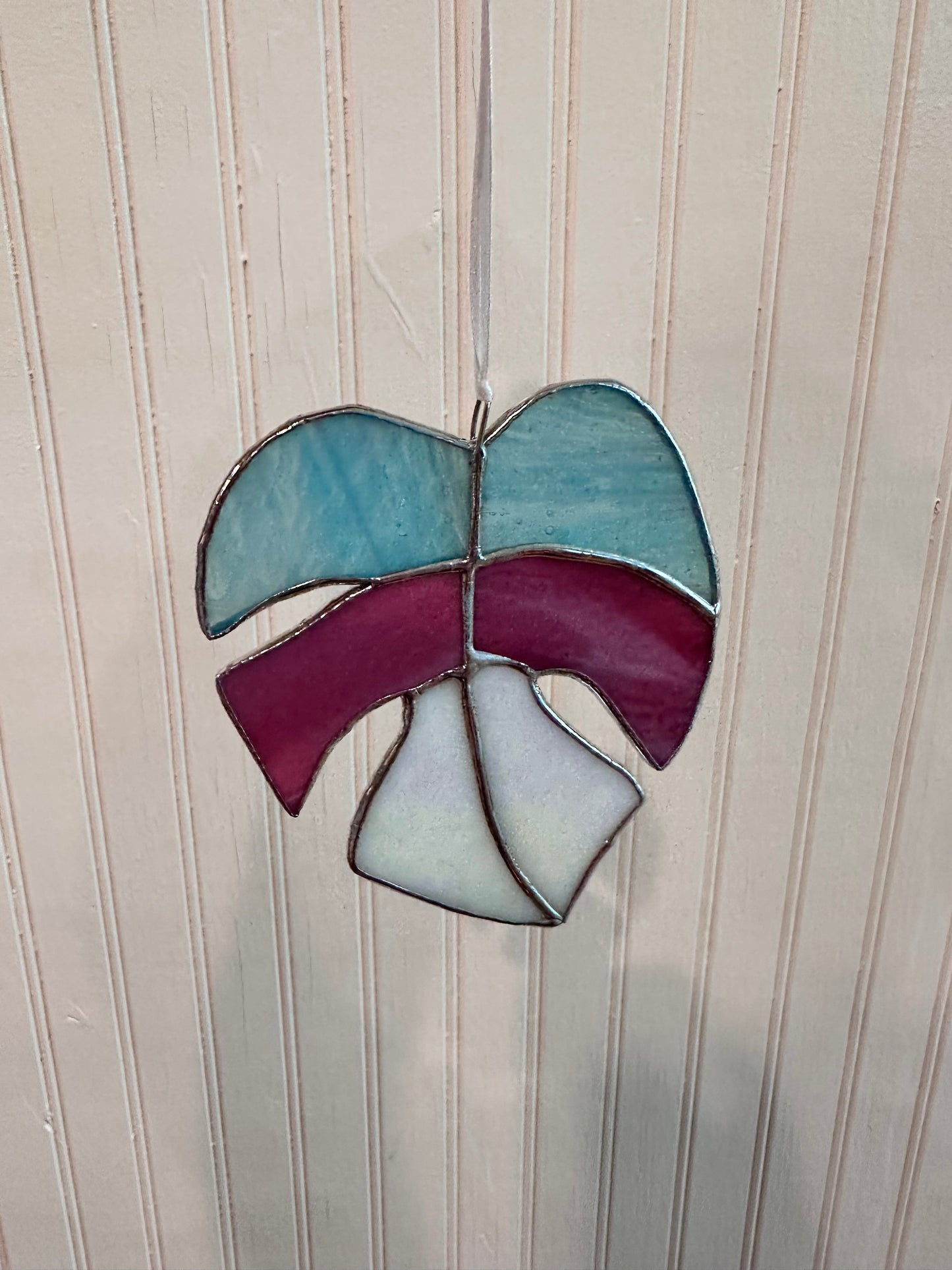 Small Stained Glass Monstera - Trans Pride Colors