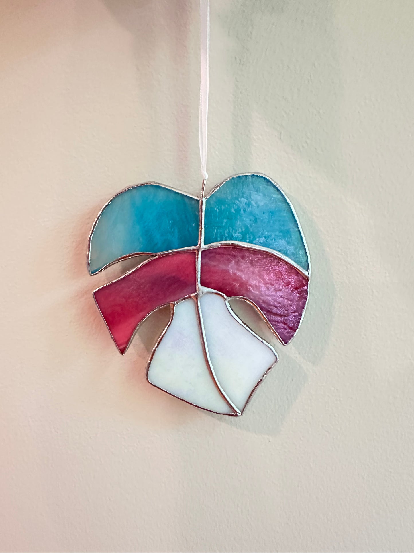 Small Stained Glass Monstera - Trans Pride Colors