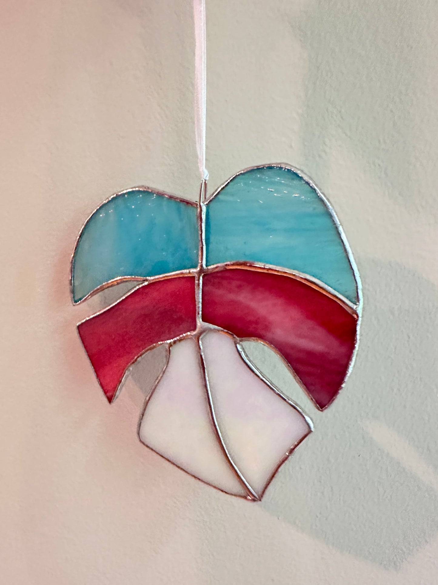 Small Stained Glass Monstera - Trans Pride Colors